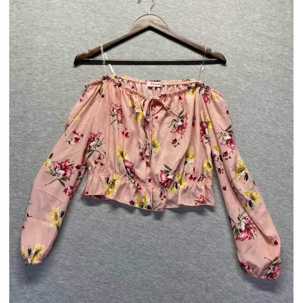 Vivace Camisole Crop Top Womens SM Pink Floral Print Tie Front Off The Shoulder